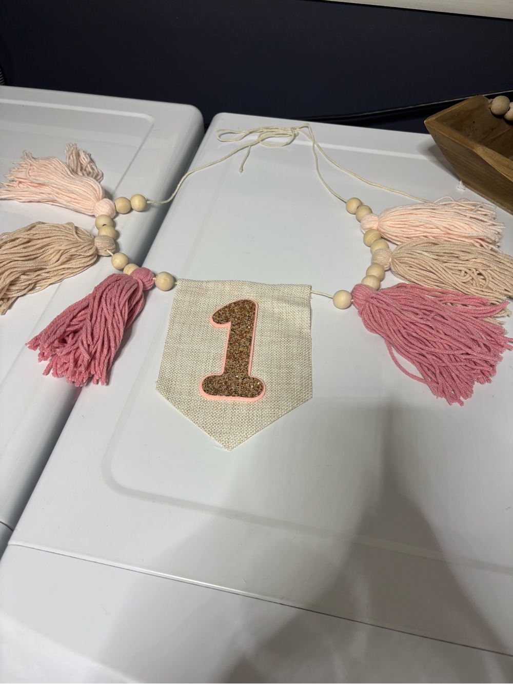 Blush Pink Tassel '1' Birthday Garland with Wooden Beads